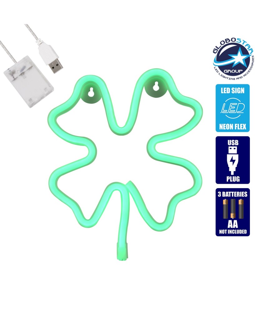 GloboStar® 78572 Φωτιστικό Ταμπέλα Φωτεινή Επιγραφή NEON LED Σήμανσης FOUR LEAF CLOVER 5W με Καλώδιο Τροφοδοσίας USB - Μπαταρίας 3xAAA (Δεν Περιλαμβάνονται) - Πράσινο